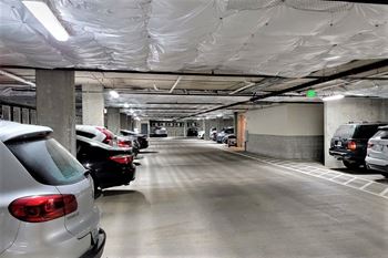 Lux Apartments Bellevue WA underground parking garage with large parking spaces